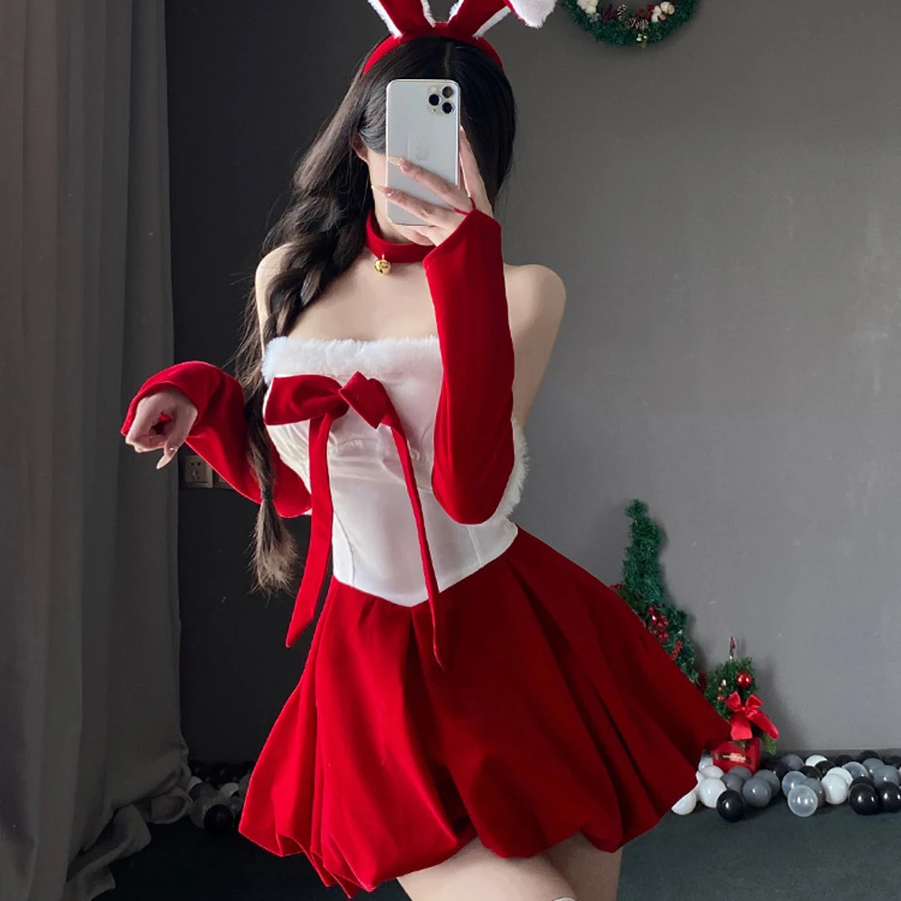 المرأة عيد الميلاد عيد الميلاد سيدة سانتا كلوز تأثيري حلي مثير ينغيرييس الشتاء حمالة صديرية دائرية فستان خادمة الأرنب فتاة موحدة #5