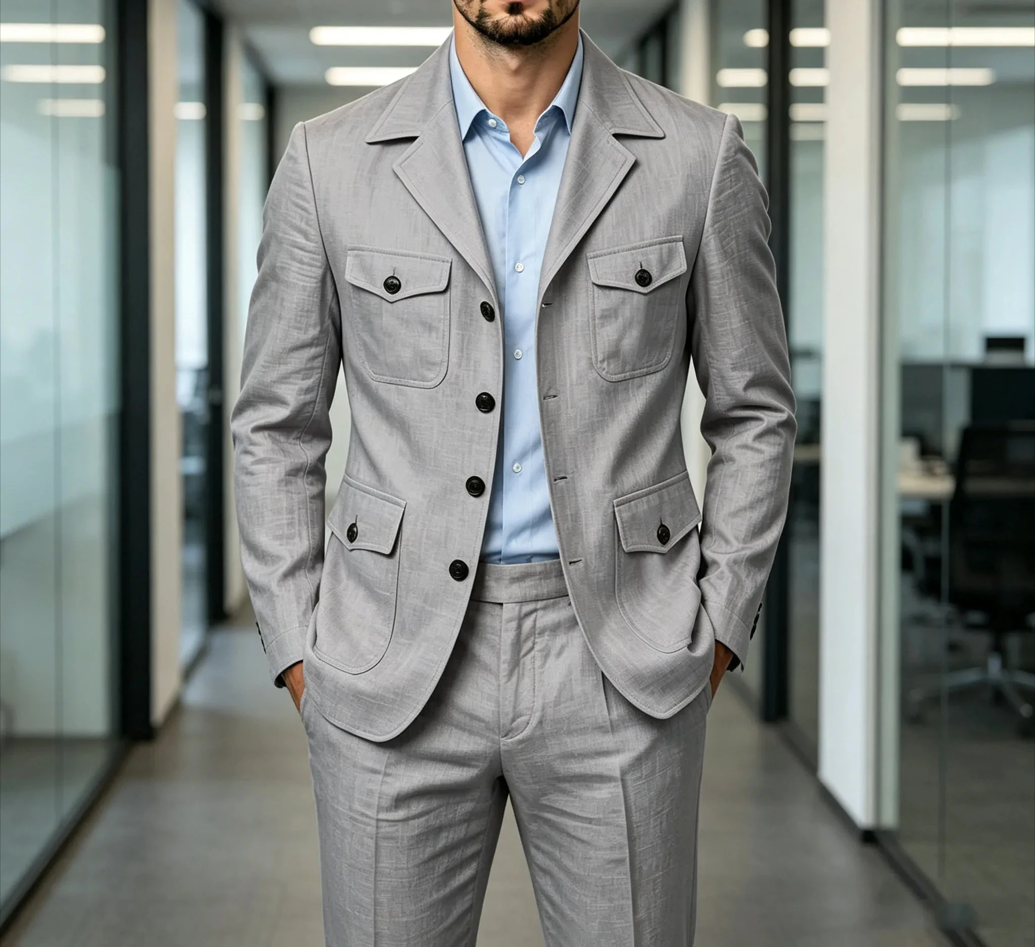 Men's Grey Suit 2 Piece Multi Pocket Peak Lapel Blazer pants Set Lightweight formal Suit for Summer Business Casual