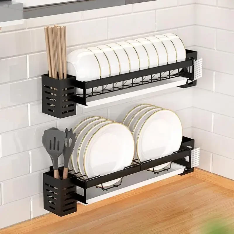 

Dish Drainer Suspended Wall Drying Rack Kitchen Sink Organizer Bowl Plate Tableware Storage Shelf with Cutlery Holder Black