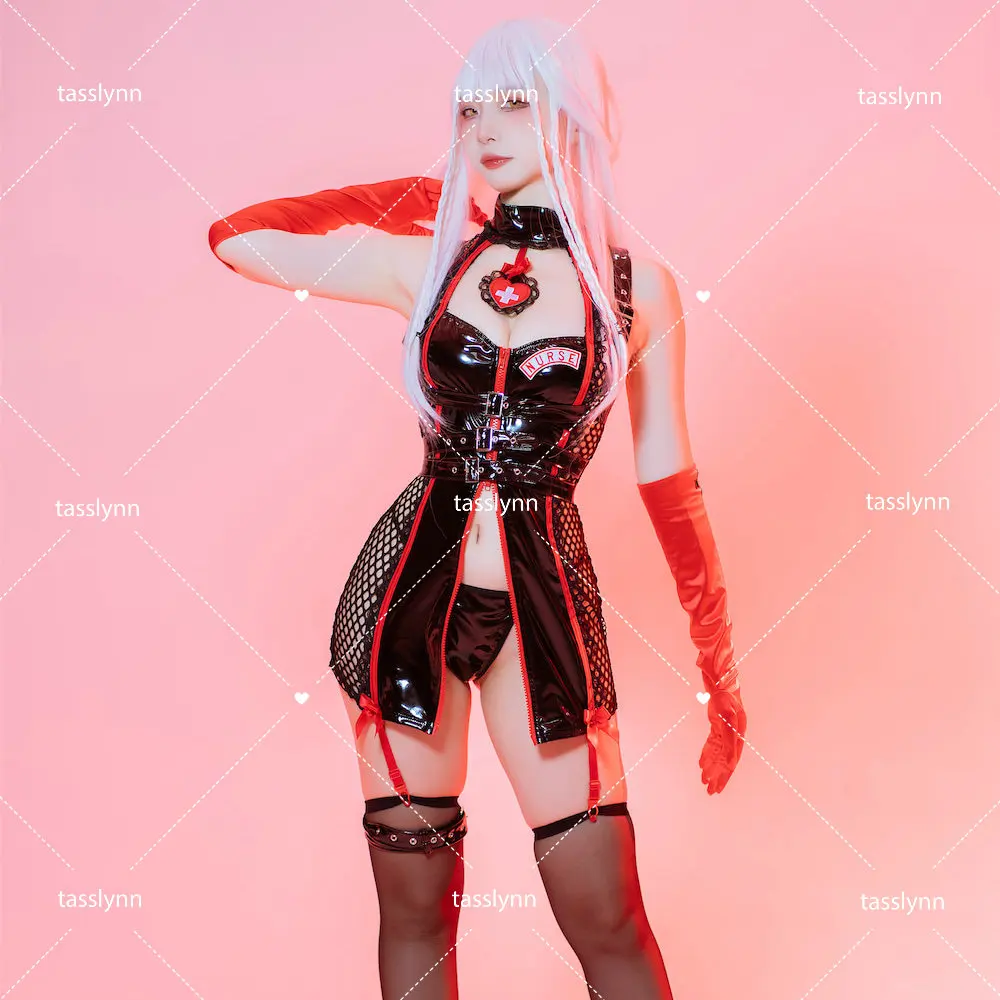 

Sexy Dark Reign Red Black Nurse Cosplay Costume Leather Dress Leotard Elastic Hot Anime Cosplay Full Set