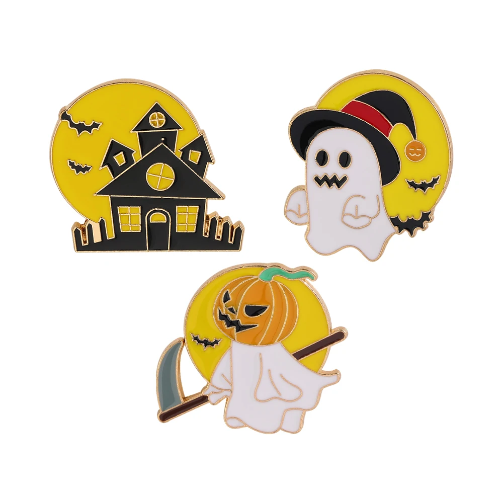 3Pcs/Set Creative Haunted House Ghost Pumpkin Death Reaper Scythe Pins Halloween Collection Enamel Brooches