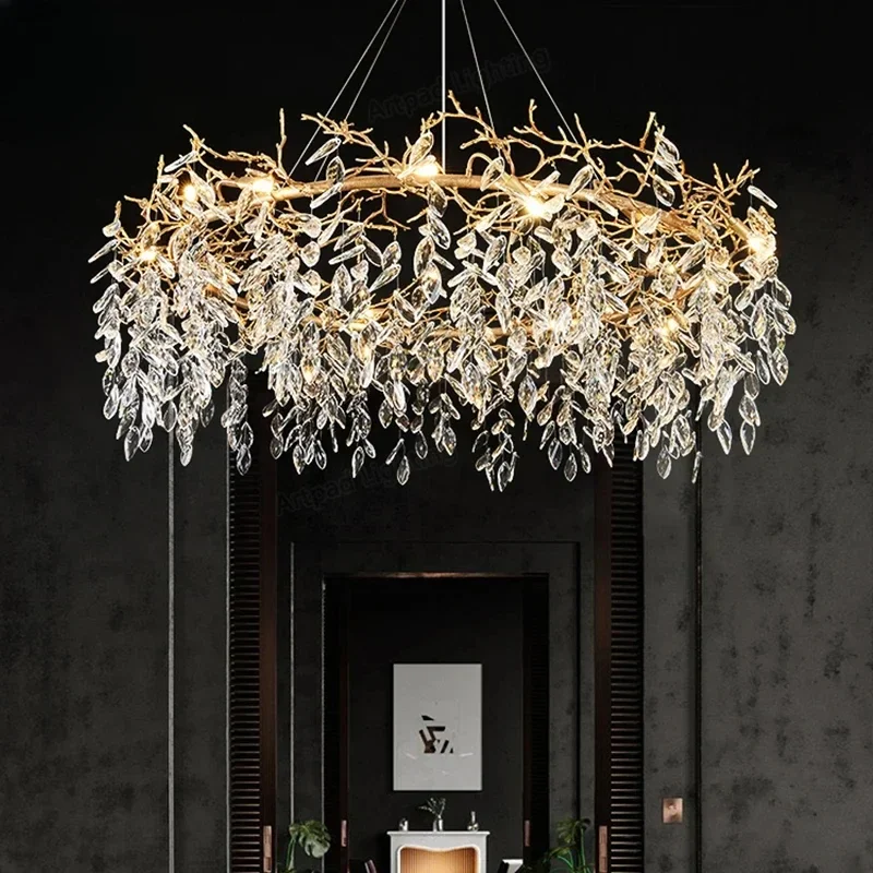 Modern Luxury Crystal Led Chandeliers Metal round Hanging Lamp Dining Living Room Hotel Hall Interior Art Deco Light Fixtures