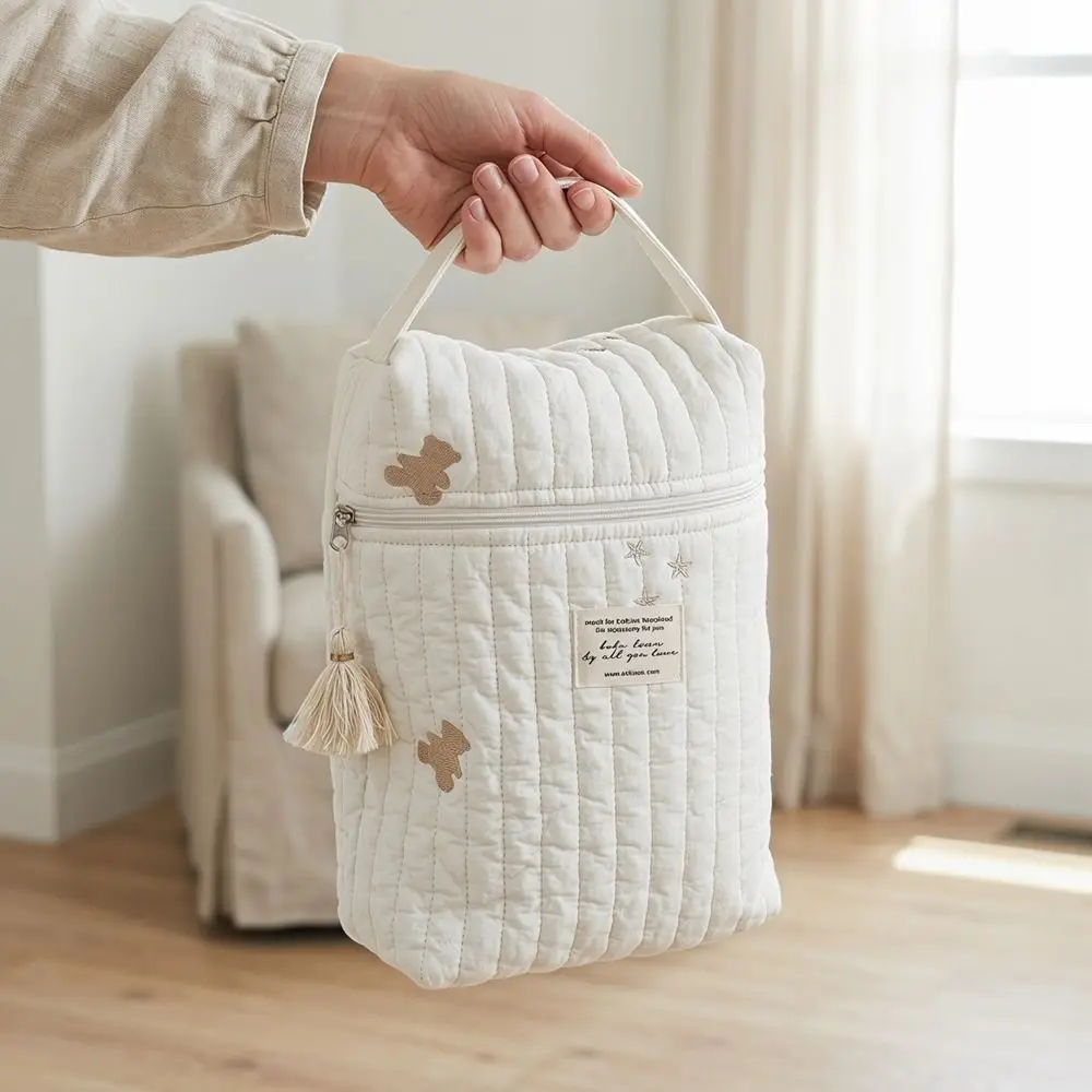 Bolsos acolchados portátiles para cochecito, bolsa para pañales de gran capacidad, bolsa para pañales de bebé beige, organizador de pañales de algodón versátil para recién nacidos