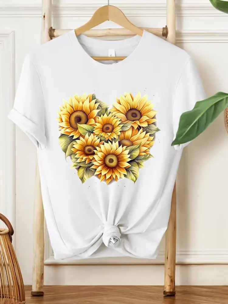 T-shirt imprimé à manches courtes et col rond pour femmes, vêtements décontractés pour femmes, mode féminine, tendance florale, style doux des années 90