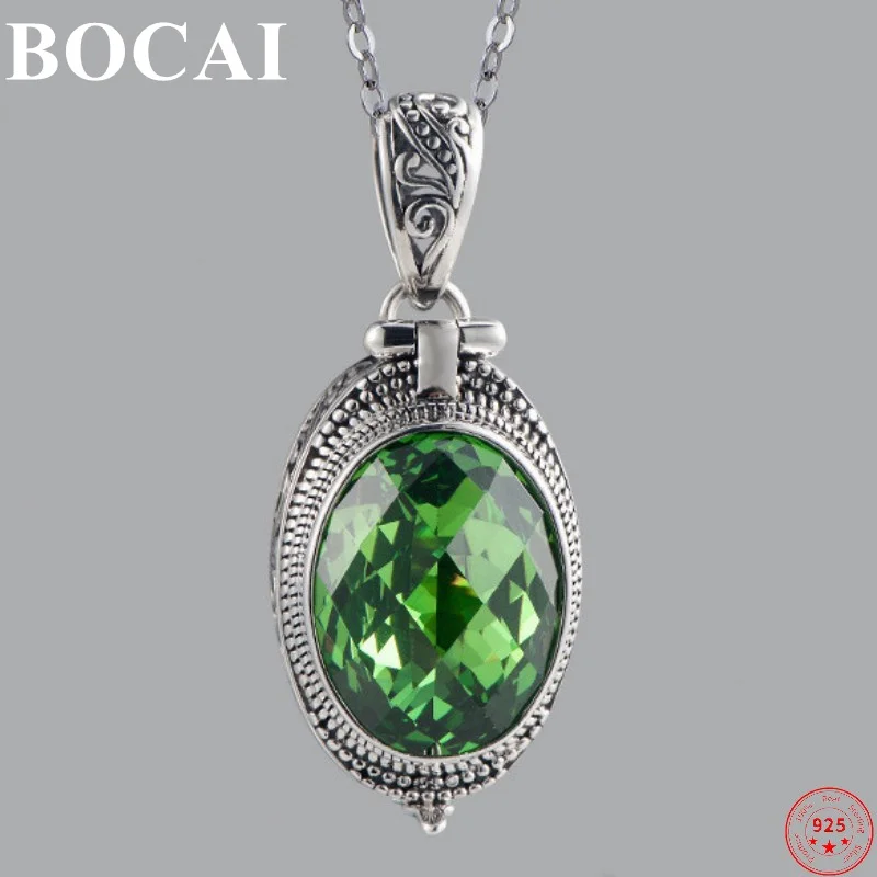 

BOCAI S925 Sterling Silver Pendants New Fashion Eternal Vine Totem Oval Green Crystal GaWu Box Argentum Jewelry for Women