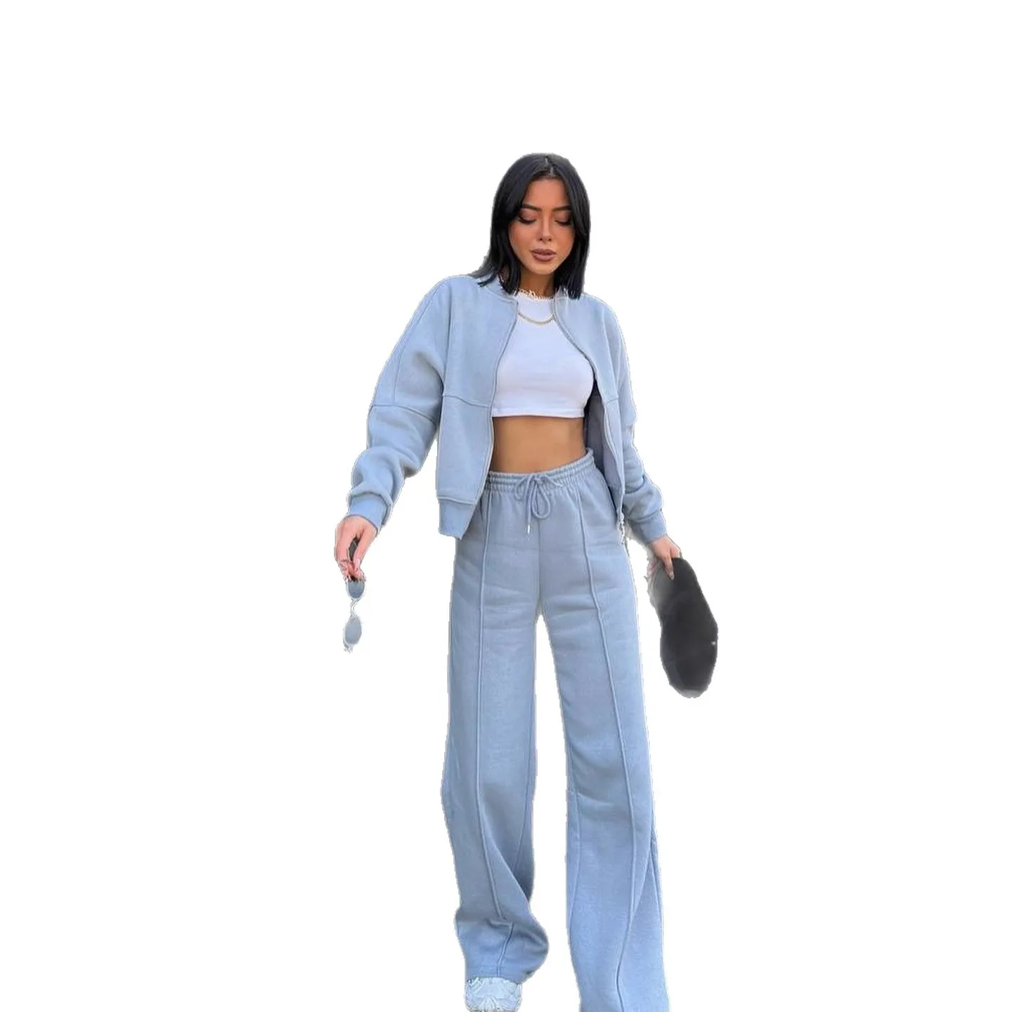 2025 neue Mode Zipper Strickjacke + Breite bein Hosen Zwei-stück Sets frauen Winter Beiläufige Lose Tops Hosen anzug Für Frauen