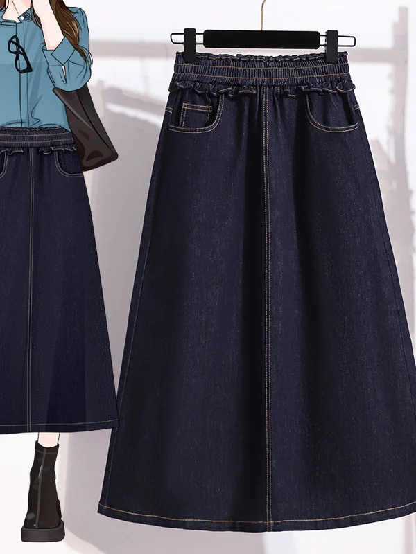 Slimming A-Line Long Jeans Skirt Elastic Waist Euro Style Half-length Skirts for plus Size Women Autumn Collection