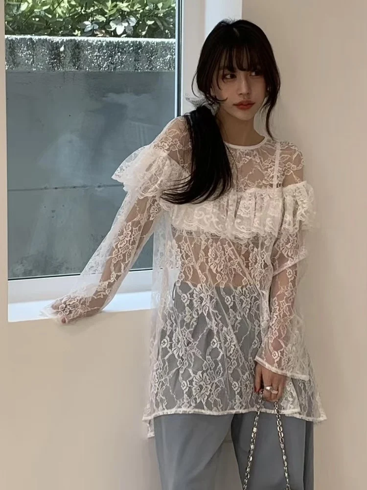 

Sexy Mid-Length Loose Lace irt Women's Design Sense Oversized Hem Me Layering Dr round Ne Long Sve Other Material