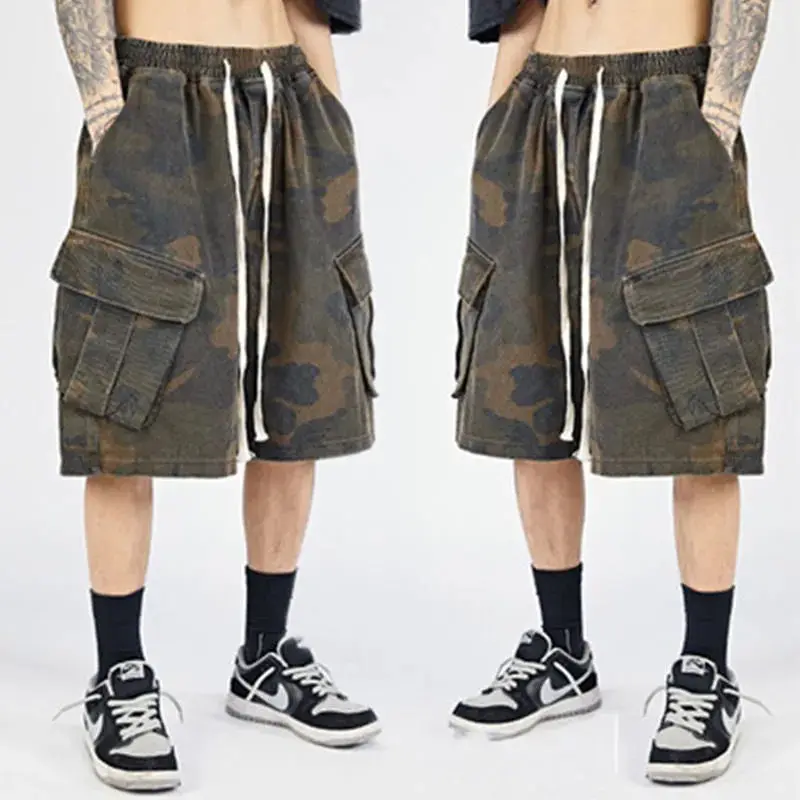 Oversize Men Vintage Camouflage Cargo Shorts Harajuku Streetwear Male New Summer Fashion Sports Casual Knee Lenght Short Pants