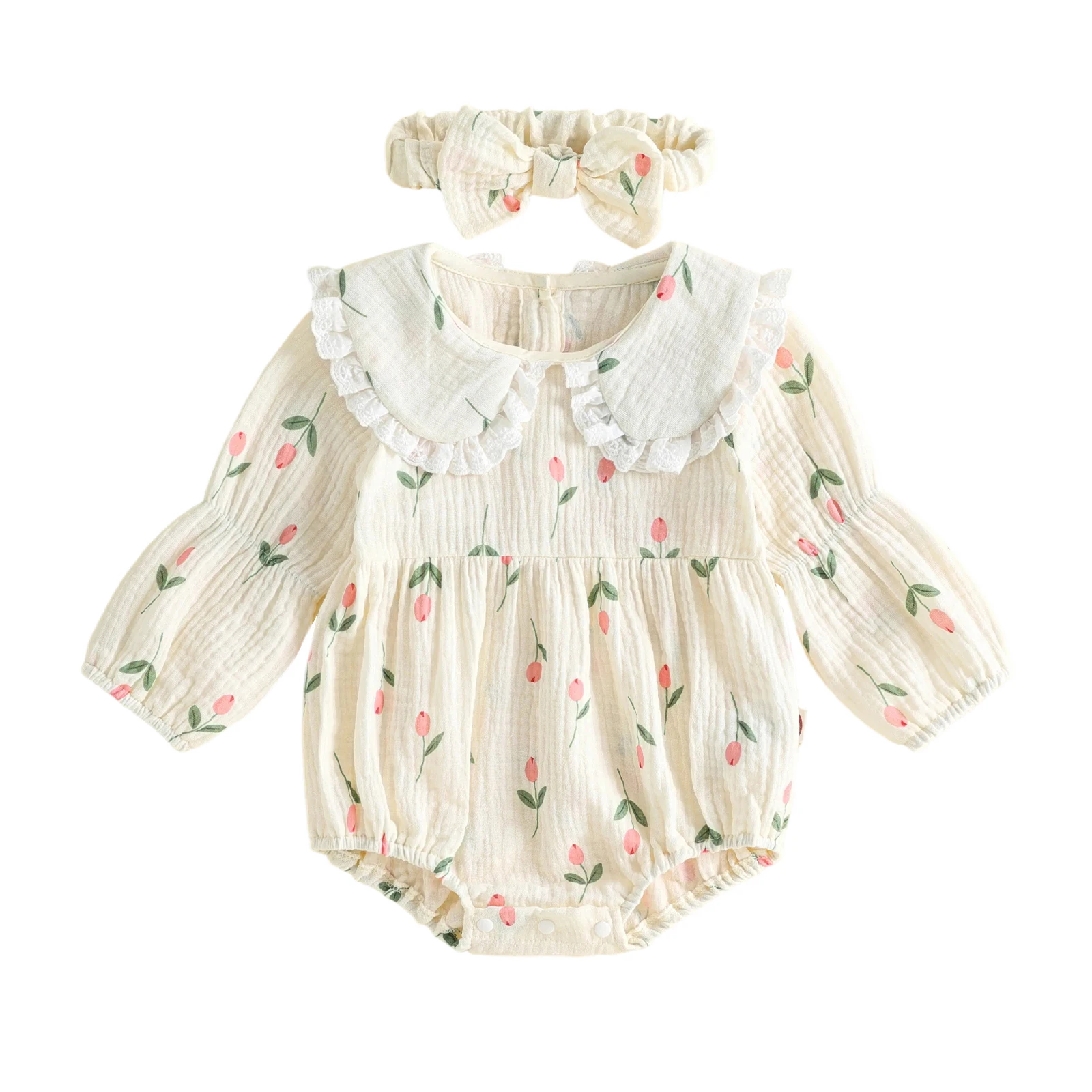 Infant Baby Girls Floral Romper Long Sleeve Fall Jumpsuit with Headband