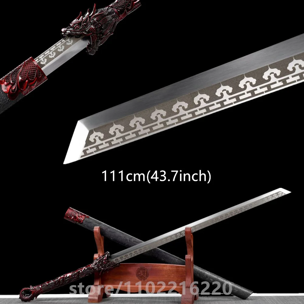 Cool Battle Dark Red Dragon Sword HandForged High Manganese Steel Blade Martial Art Sword Full Tang Leather Hardwood Sheath