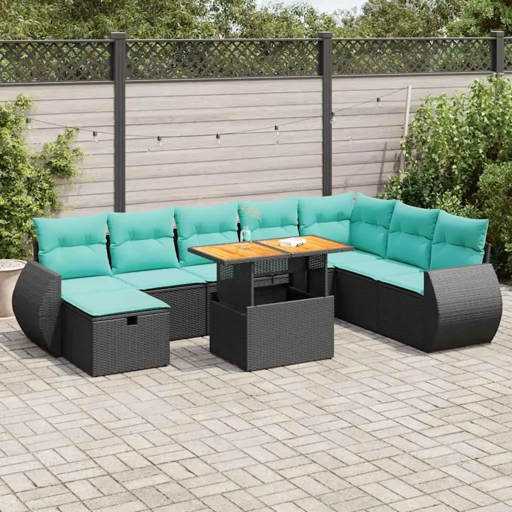 

9 Piece Outdoor Patio Sofa Set with Cushions Wicker Rattan Acacia Wood Furniture