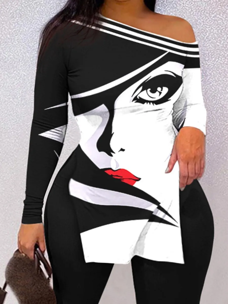 LW Plus Size Two piece set Figure Print Striped Split Pants Set One Shoulder Long Sleeve sexy women suit Streetwear Tracksuit