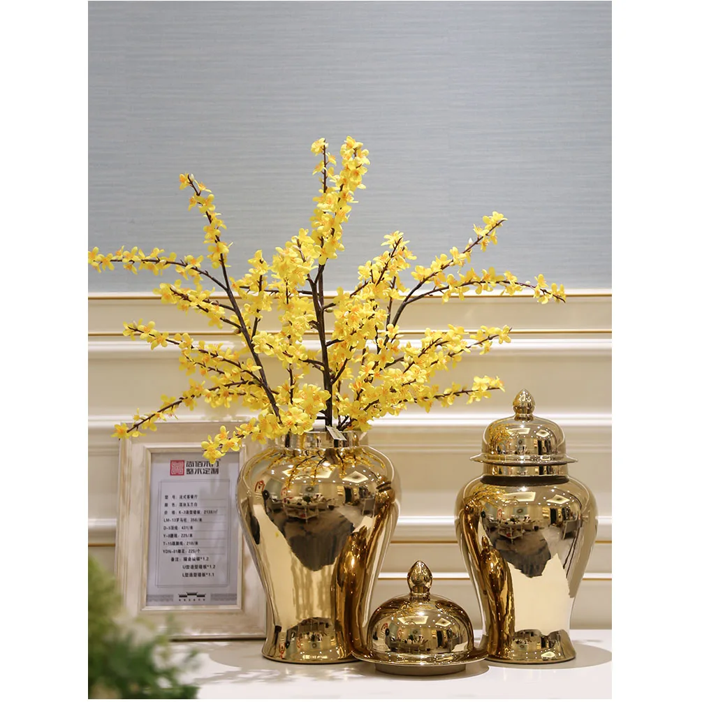 Modern Luxury Ginger Jar Gold Plated Chinese Vase With Lid Temple Jar Vase Ceramic Decorative Table Flower Vases Centrepiece