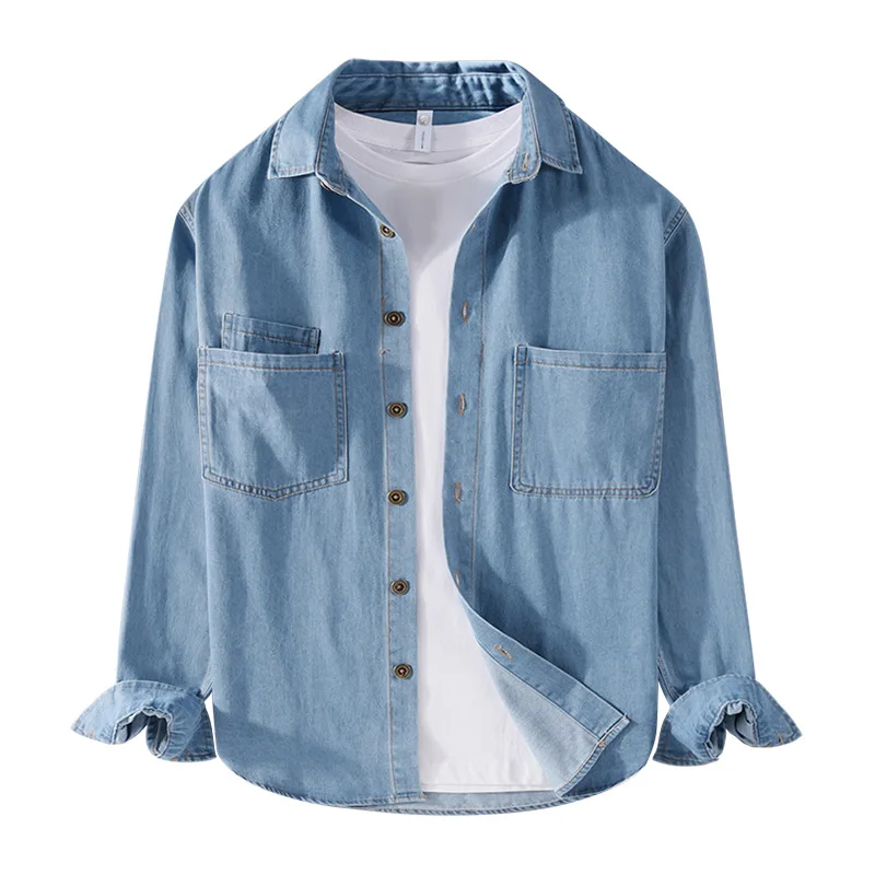 

Spring Fall Long Sleeve Denim Shirt Men Workwear Casual Shirts Double Pocket Square Pure Cotton Jean Shirt Man Retro Cowboy Tops