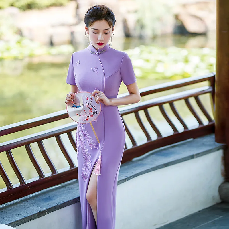 New Applique Improved Performance Long Cheongsam Retro Light Purple Slimming Fashion High Slit Dress Elegant Qipao