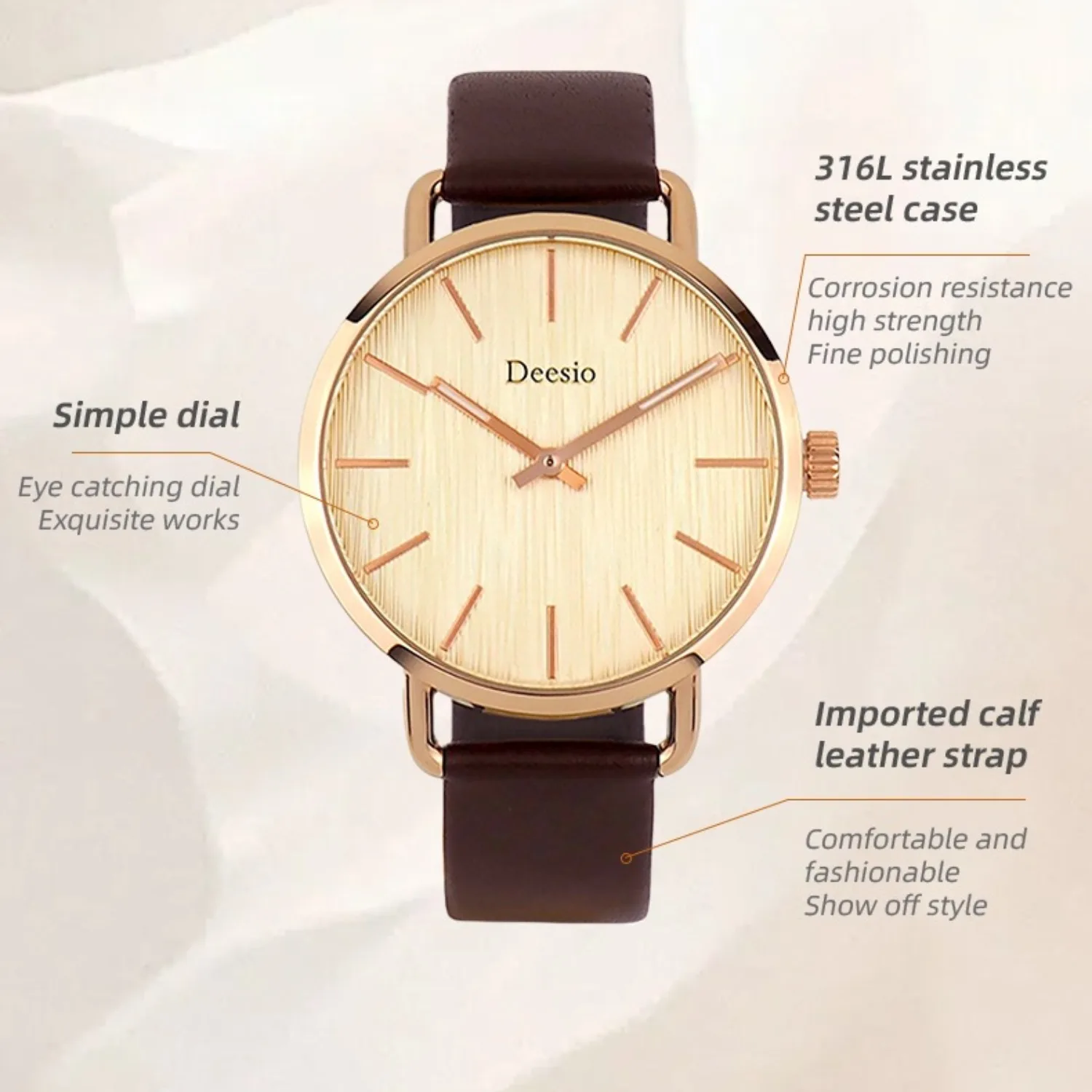 Deesio Relógio de casal de quartzo elegante, simples e fino com material de aço inoxidável e pulseira de couro, presente de dia dos namorados