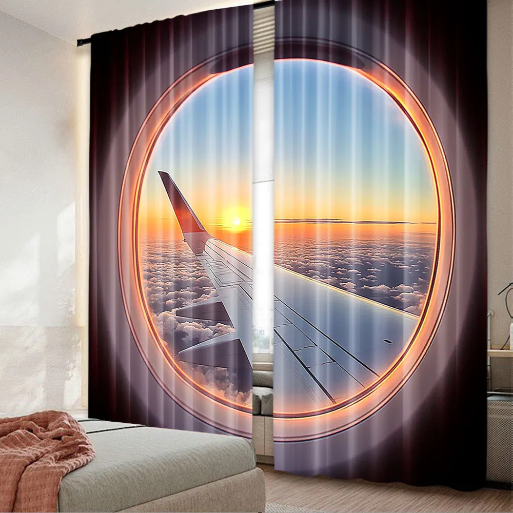 2Pcs Aesthetic Airplane Curtain Airplane Travel Time Is Sunset Distant Holiday Journey Modern Simplistic Drapes A