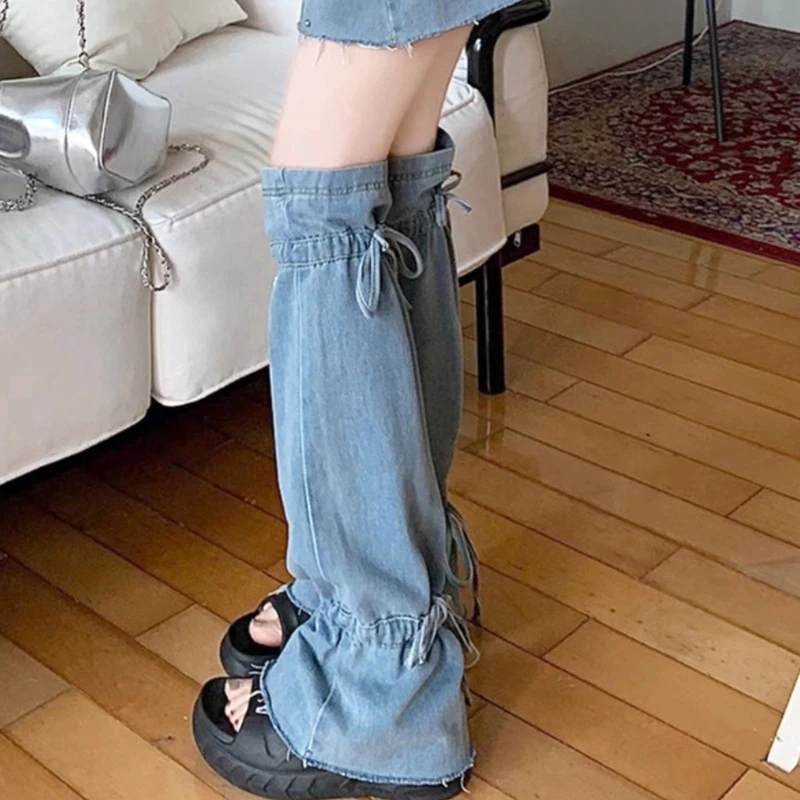 Women Punk Flared Thigh Length Leg Warmer Pleated Drawstring Denims Long Socks