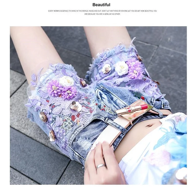 Fashion New Women's Spliced 3D Embroidery Flower A-line Denim Shorts 2025 Summer Trendy A-line Short Pants Female