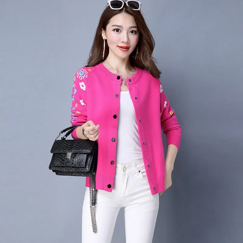 

O Neck Casual Embroidery Coat Autumn Spring Rose Patchwork Full Sleeve Slim Button Women Knitted Jacket Elegant Cardigan