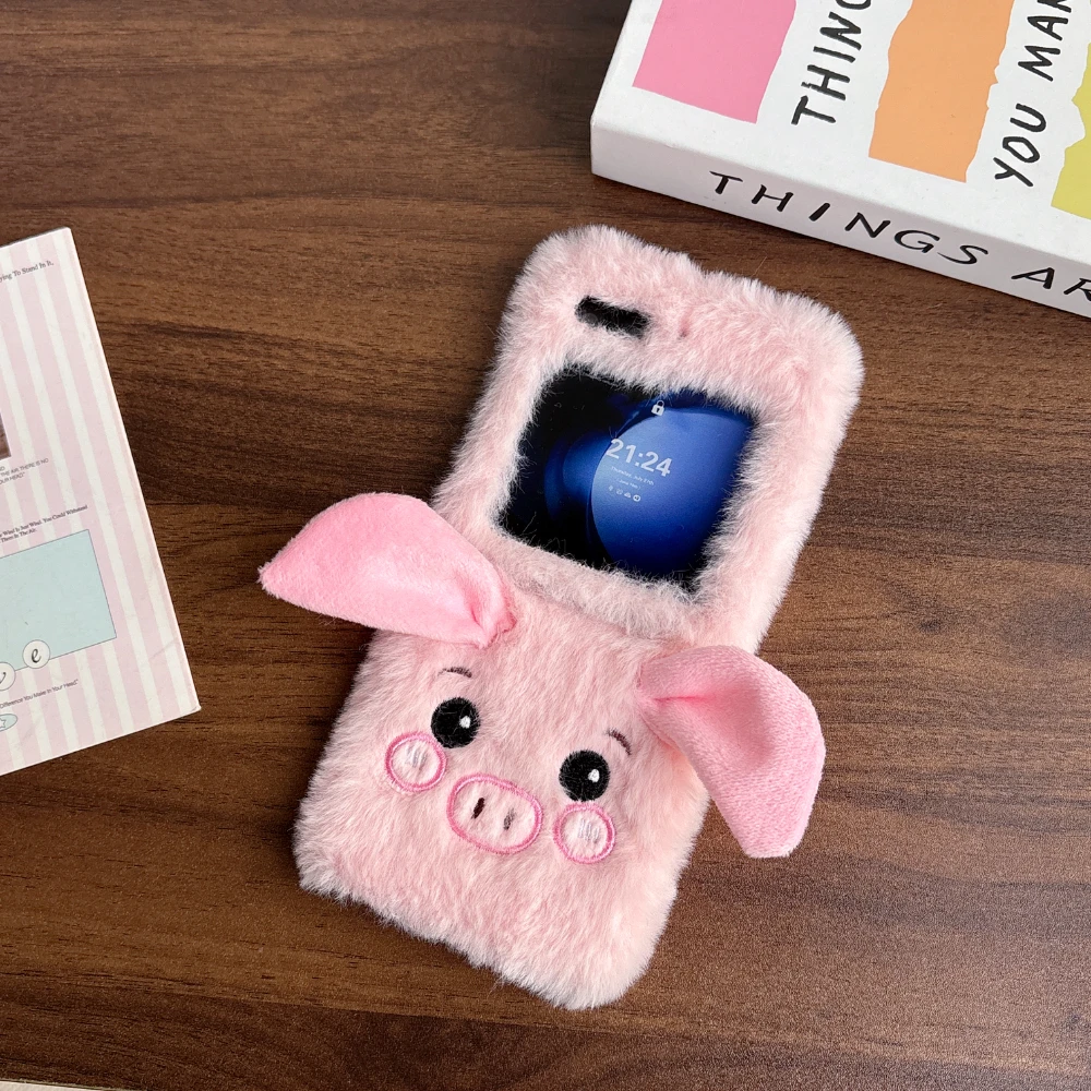 

3D Cartoon Cute Pink Pig Hairy Warm Plush Phone Case For For Samsung Z Flip 5 4 3 6 Shockproof Holder Stand Bumper Back Cover