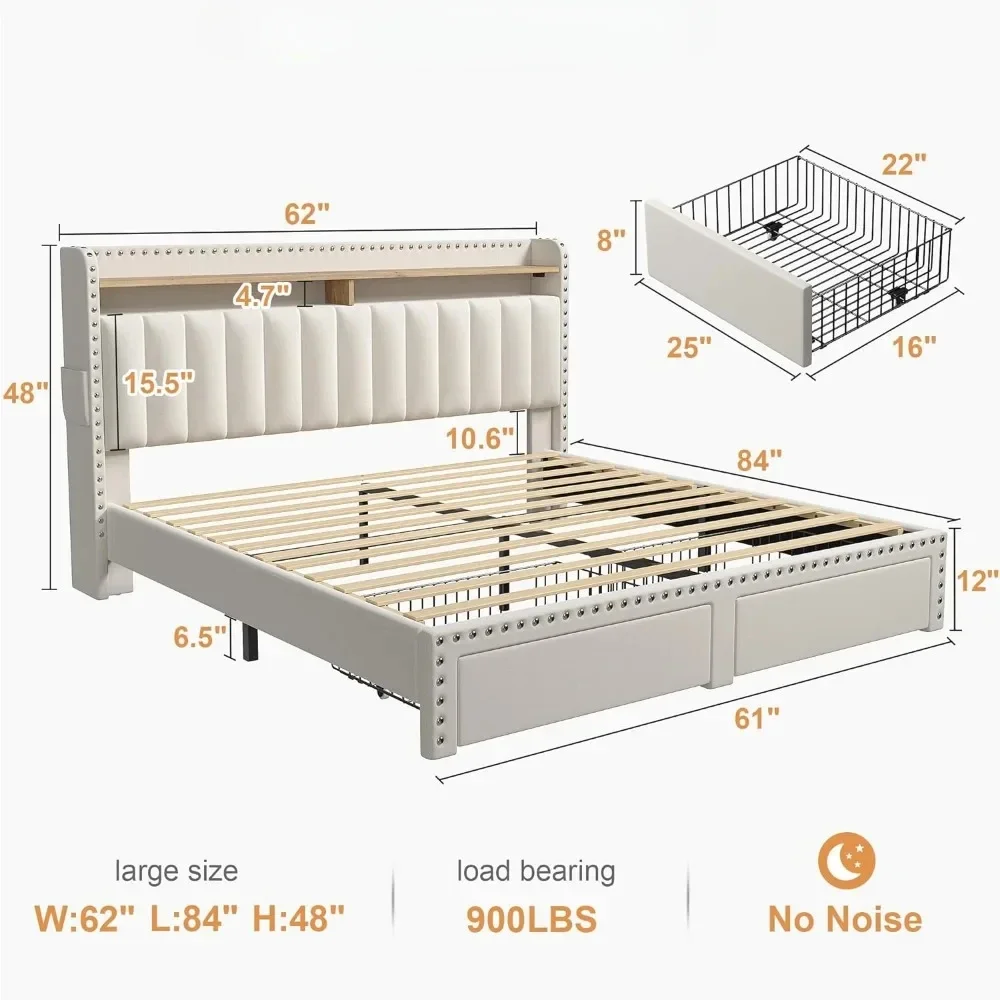 Quadro de Cama Queen Size com 2 Gavetas, Cabeceira Estofada e Armazenamento, Sem Ruído, Box Spring Necessário