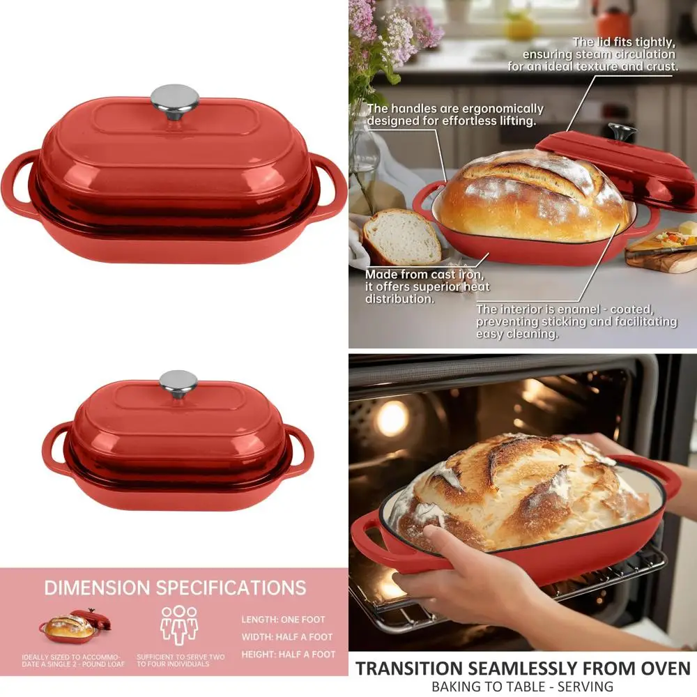 

Enameled Cast Iron Dutch Oven - Non-Stick 2 Quart Oval Bread Baking Pan with Lid - Ideal for Sourdough, Loaves, and More