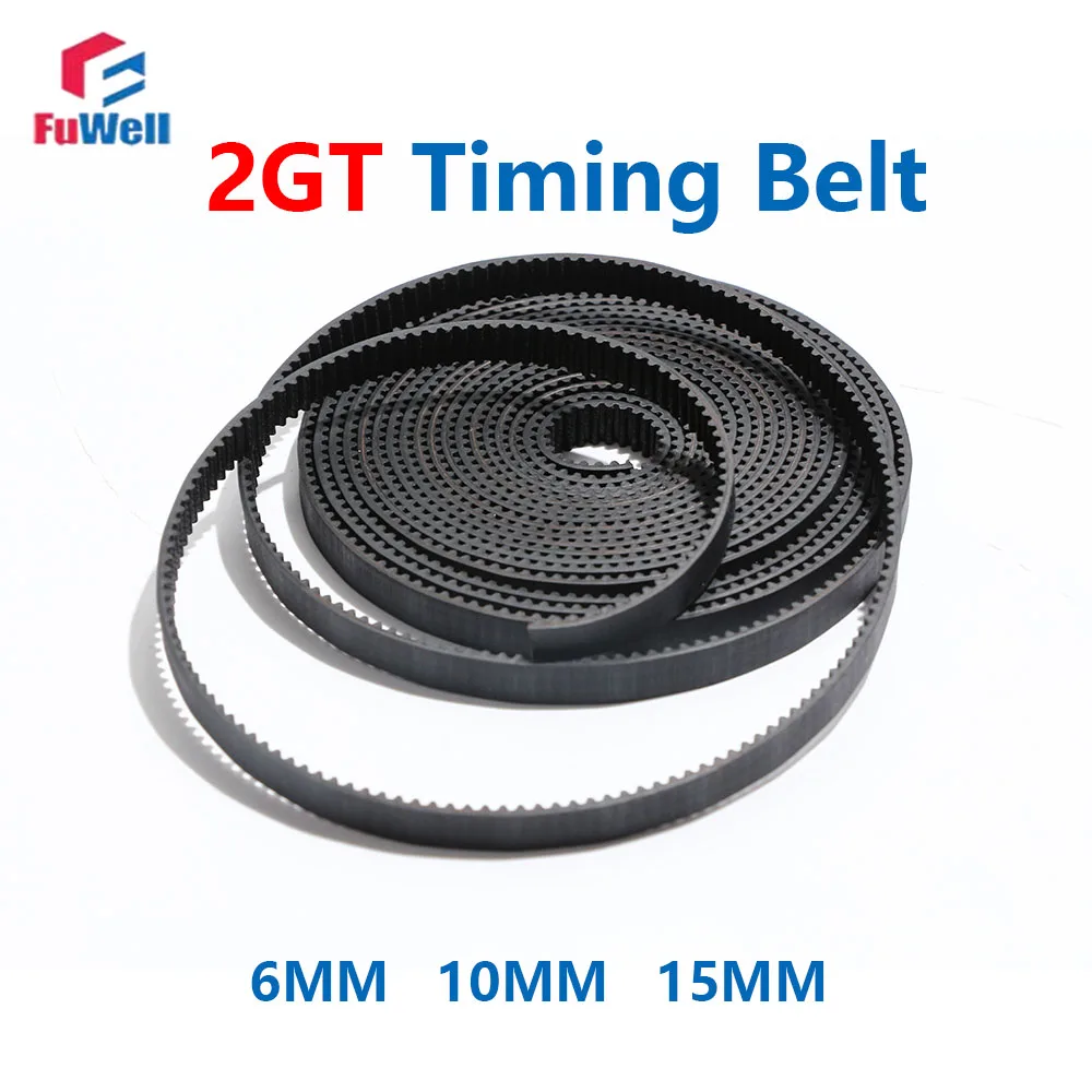 FuWell 2GT Black Rubber Toothed Pulley Belt 6/10/15/mm Width Synchronous Transmission Belt GT2M Open Type for 3D printers