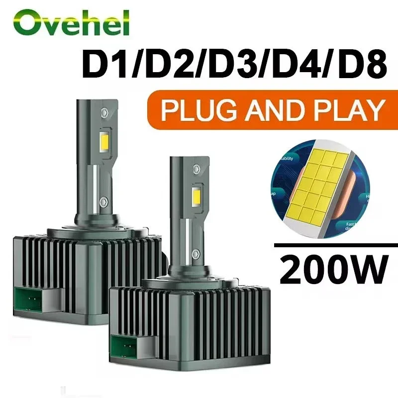 

OVEHEL Светодиодные фары D1S HID D3S D2S D4S D4R D8S D1R D2R D3R Turbo LED 200Вт 600000 Чип LM 6000K CSP, белый Plug&Play