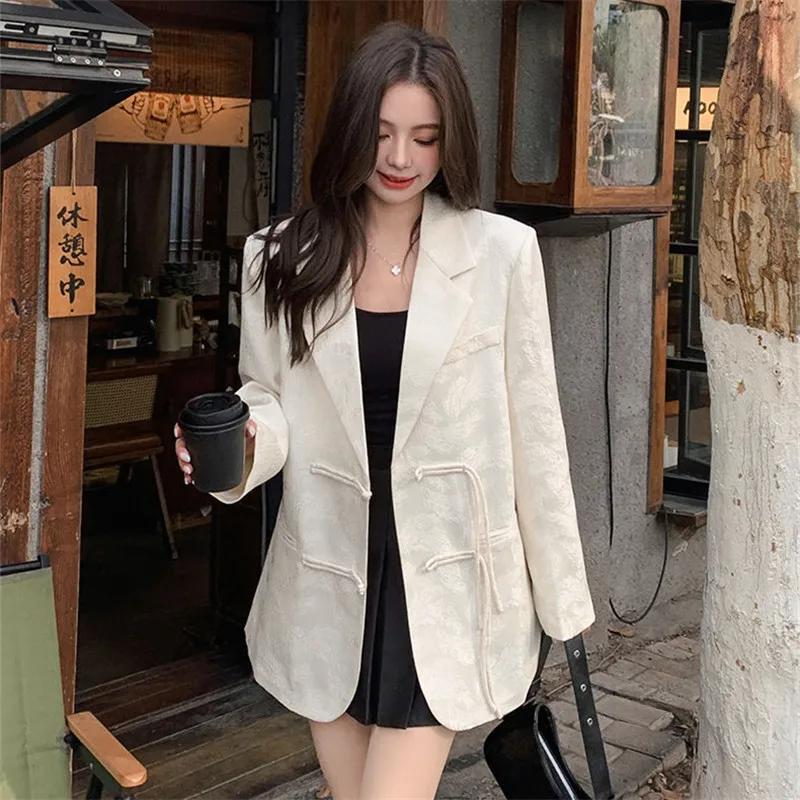 New Chinese Light National Wind Women's Blazer Spring Autumn 2024 New Long Sleeve Jacquard Buckle Suit Coat Female