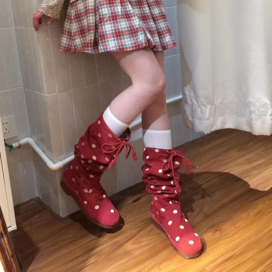 HKDQ Womens Knee High Boots Round Toe Flat Heel Polka Dot Pattern Slouchy Shaft Drawstring Bow Accent Casual Style