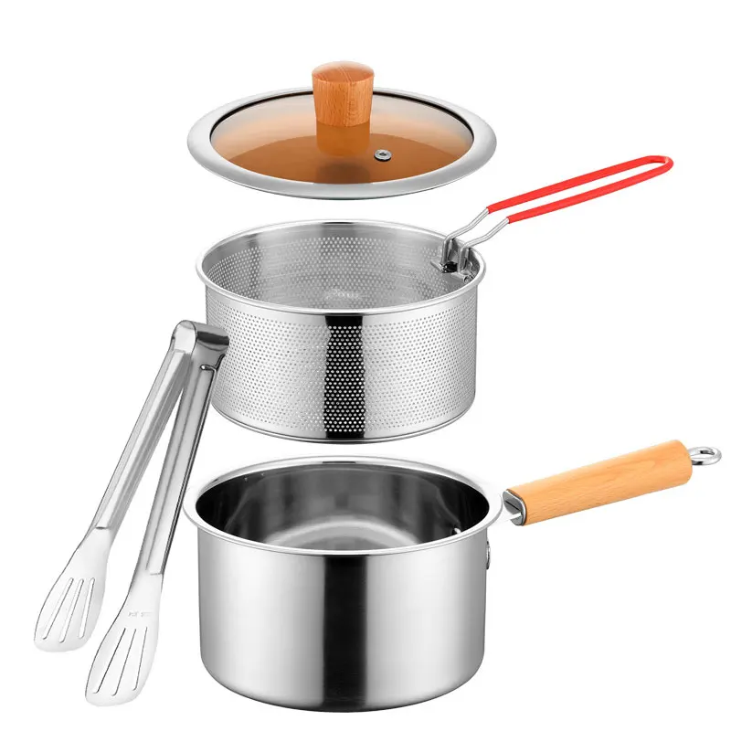 

20cm stainless steel deep frying pan with filter basket, wooden handle mini frying pan, soup pot, milk pot, cooking pot