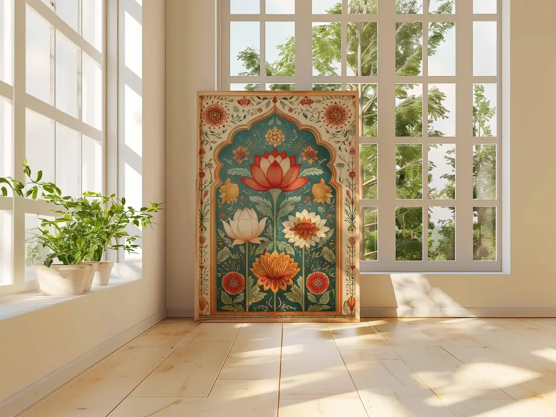 Lotus Flower Wall Art Poster, Indian Botanical Print, Traditional Floral Illustration, Boho Home Decor, Vintage Mandala Style Po - view 4