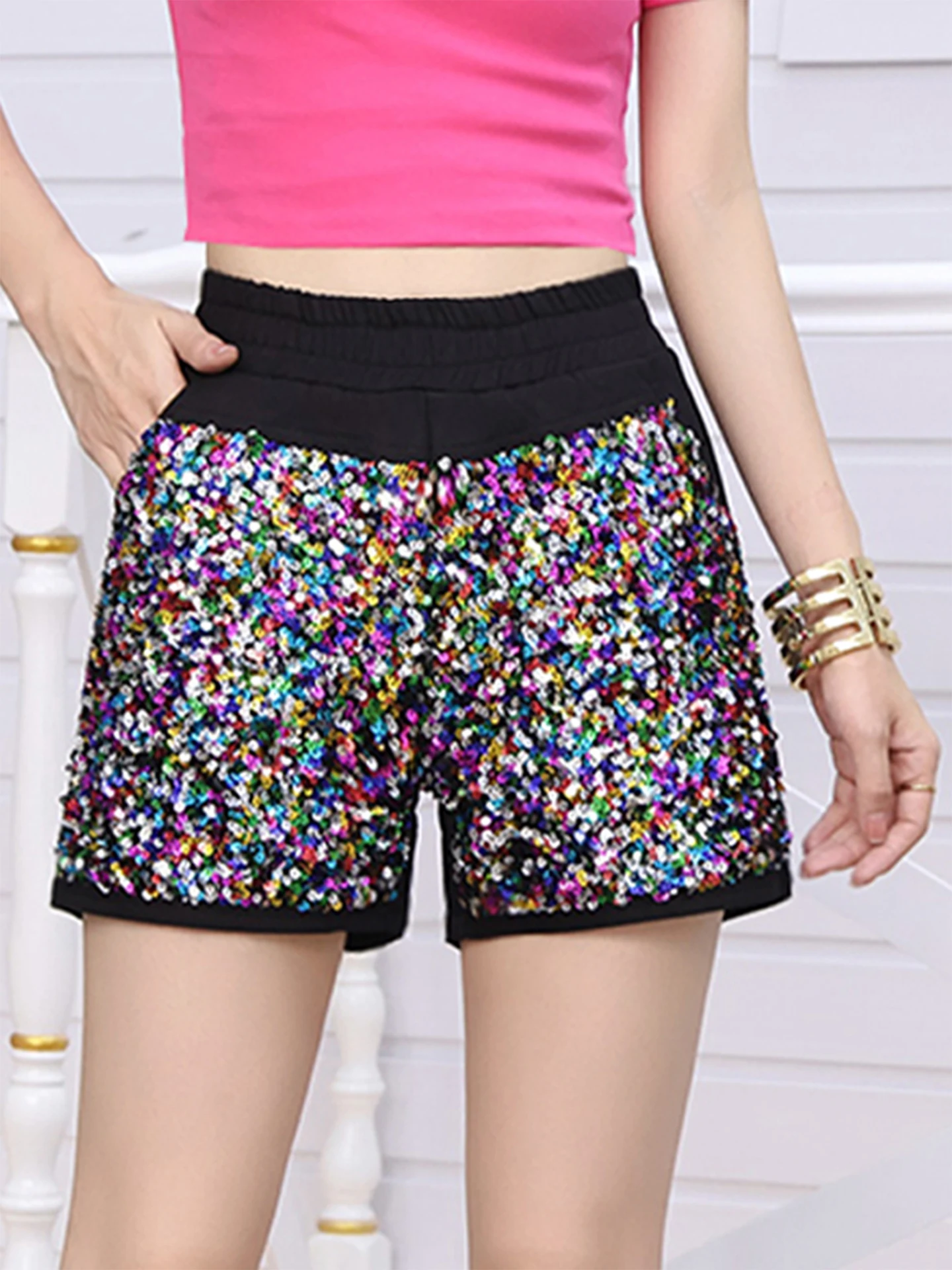 Shiny Stage Performance Short Pants Women's Square Dance Costume High Waist Elastic Waistband Fashionable Three-quarter Lengt...