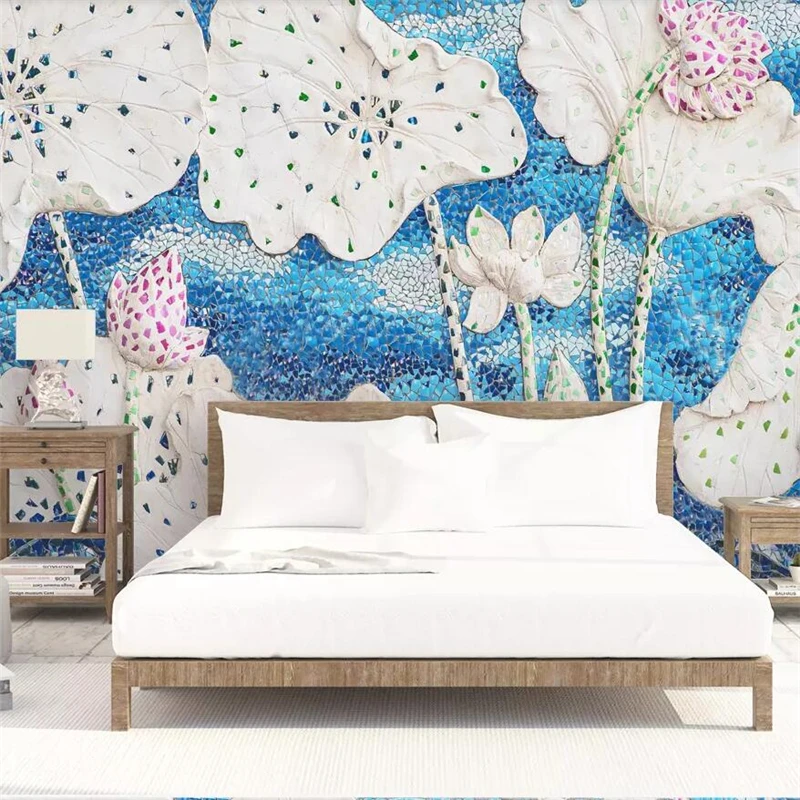 

Customized product 8D embossed lotus fresh elegant new Chinese mural green wallpaper Living room sofa TV background wall bedroom