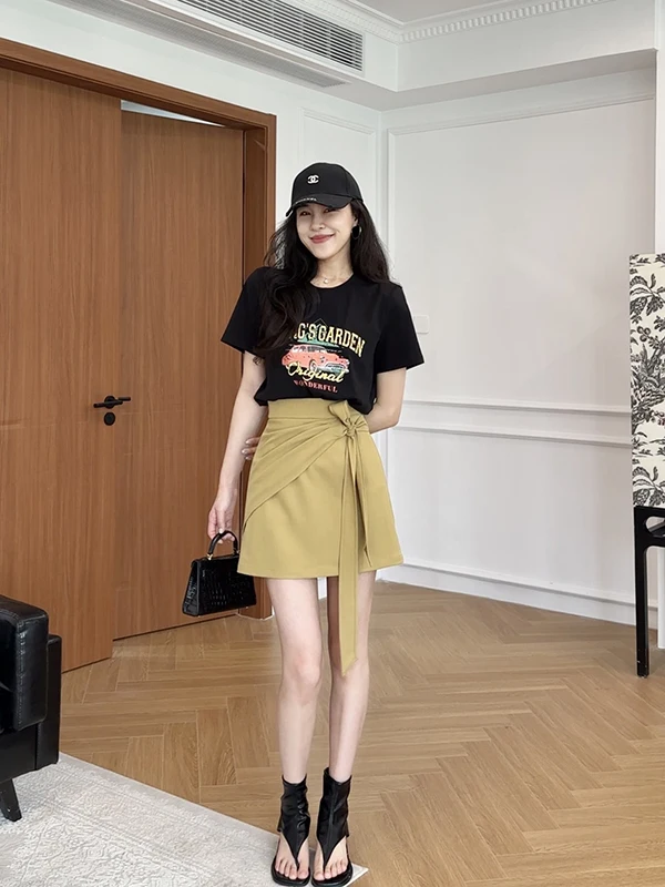 

Bla T-irt Knot Stand Design round Ne Correct oulder Print f Skirt Faionable Casual Sle Women's Summer Outfit Set