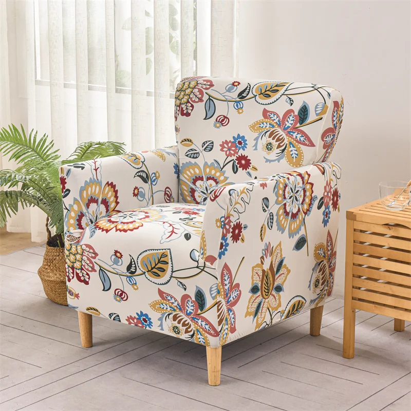 Flowers Printed Tub Chair Cover Stretch Spandex Club Armchair Slipcovers Elastic Single Sofa Covers for Living Room Bar Counter