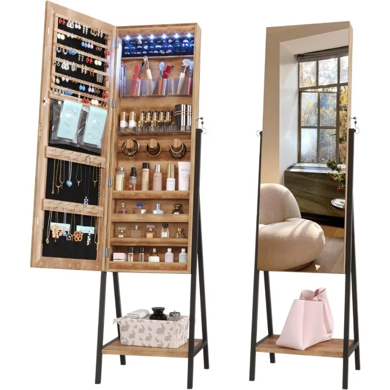 LED Jewelry Mirror Cabinet, Standing Full Length Mirror with Storage, Lockable Jewelry Armoire Organizer with 2 Drawers