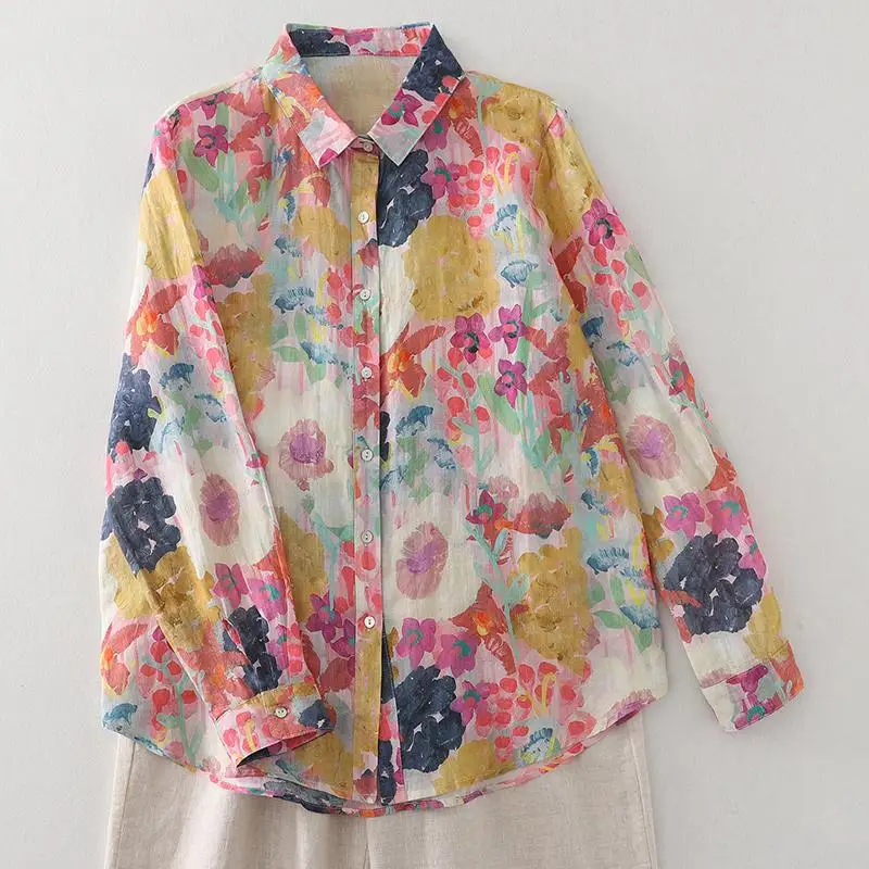 New Arrival Spring Autumn Arts Style Women Long Sleeve Single Breasted Casual Shirts Vintage Flower Print Cotton Linen Blouse