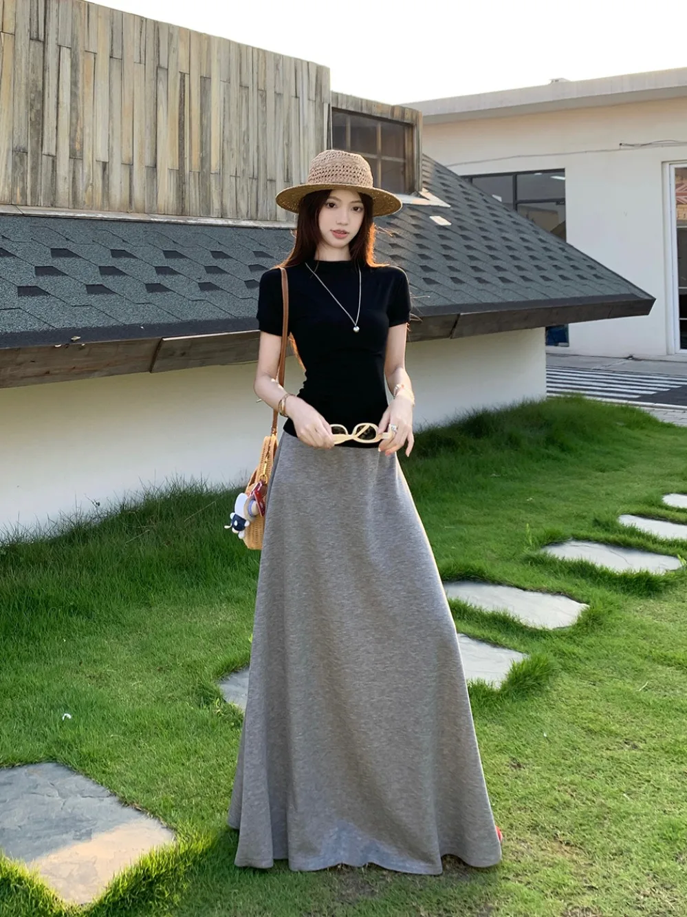 

Elegant Black Short Sleeve T-Shirt And Skirt Set for Women Summer Drapey Wrap around Long Skirt Casual Two Piece Outfit
