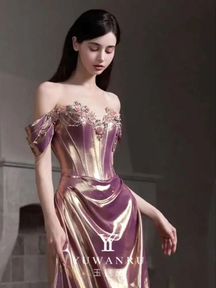 Nieuwe Paarse Avondjurk Geavanceerd Gevoel Licht Luxe Banket Party Worden Verloofd Toast Pak Rok Vrouwelijke Vrouwen Off Schouder