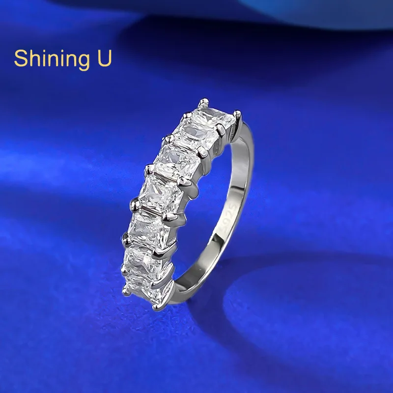 Shining U 925 Sterling Silver 7pcs Square High Carbon Diamond Gems Ring for Women Fine Jewelry Anniversary