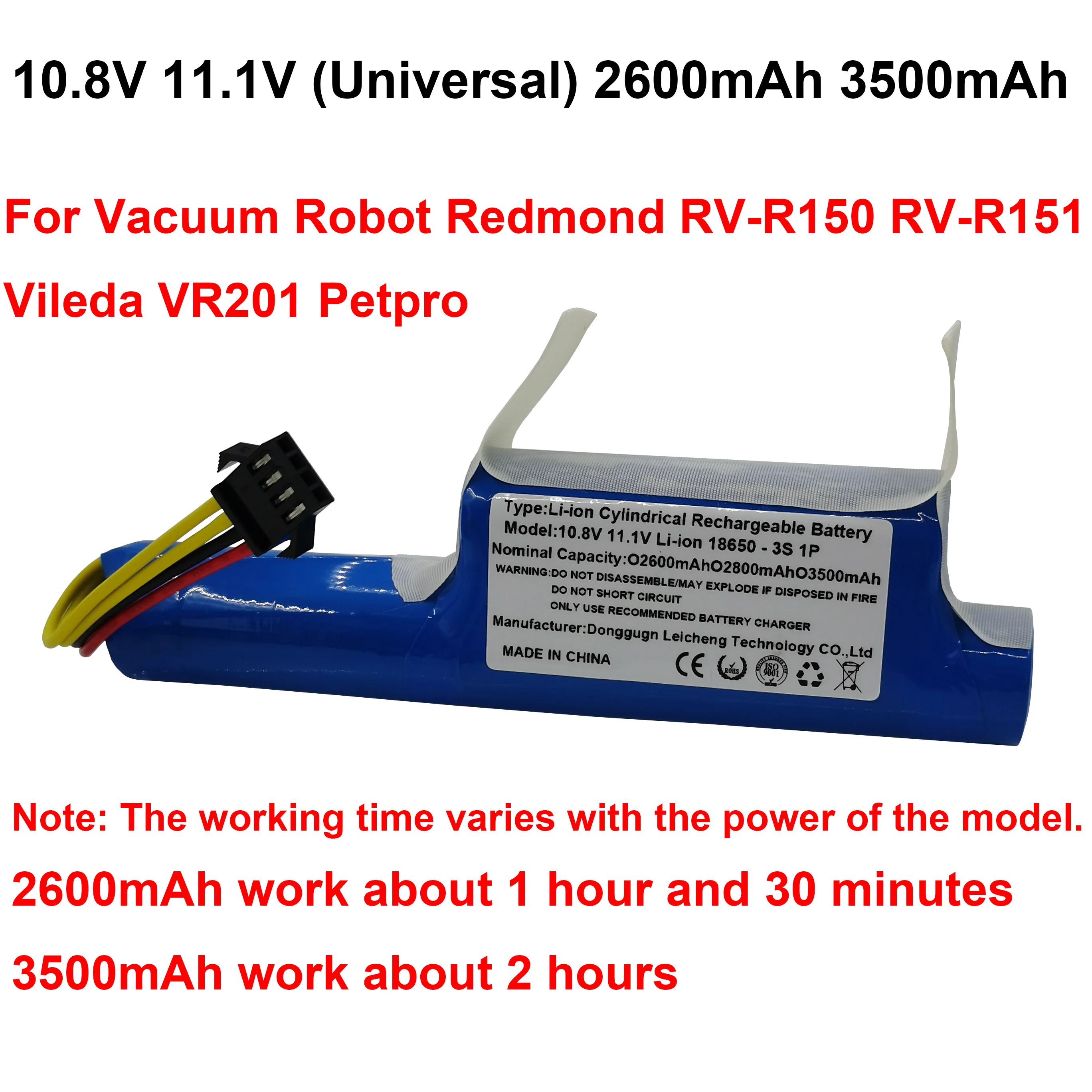 Imagem -03 - Li-ion Bateria Recarregável para Robô de Vácuo Redmond Rv-r150 Vileda Vr201 Petpro Bateria de Backup 10.8v 11.1v 2600mah 3500mah