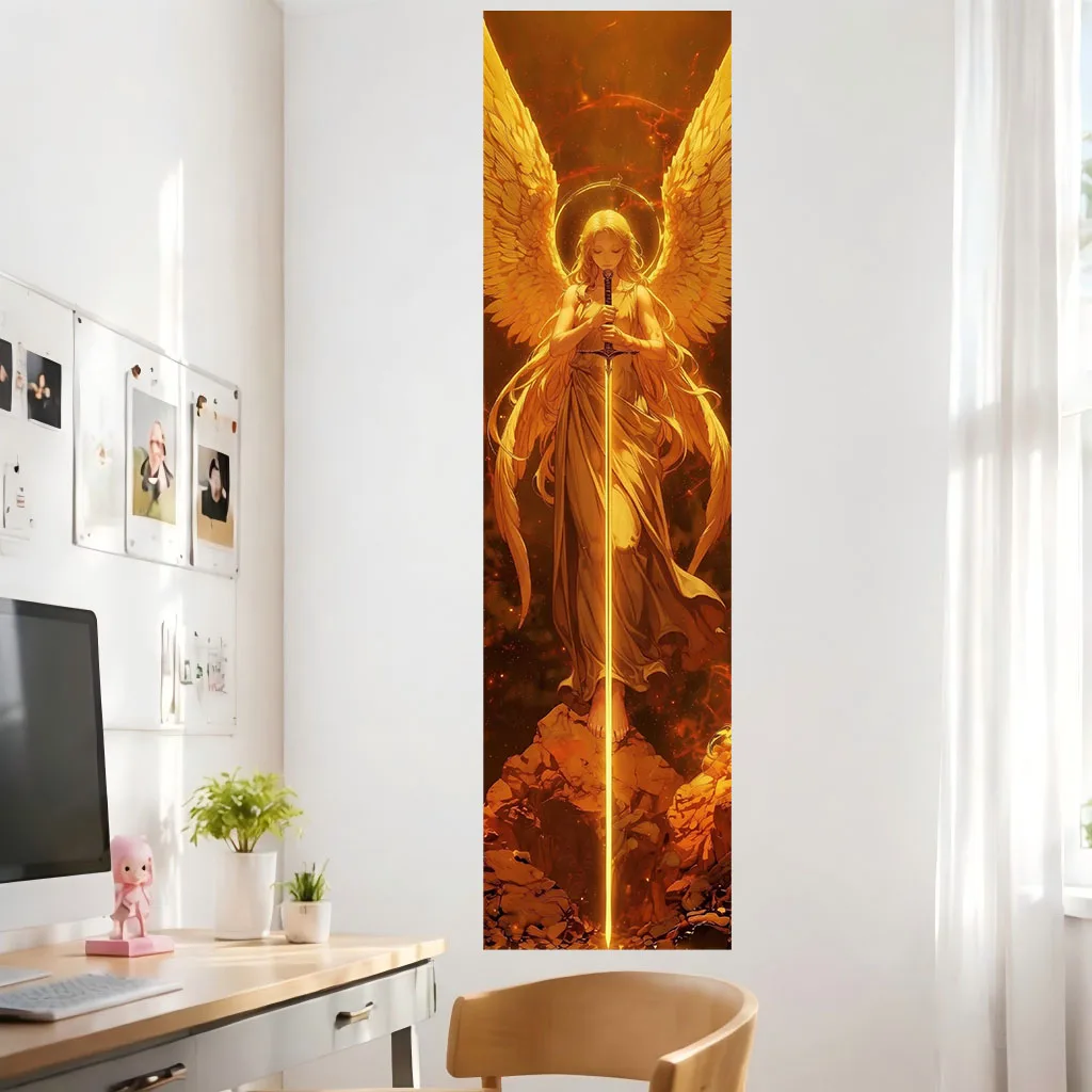 Divine Golden Angel Warrior Tapestry Large Wings Glowing Halo Holy Sword Mystic , Bedroom Dorm Gaming Room Background Decor Gift