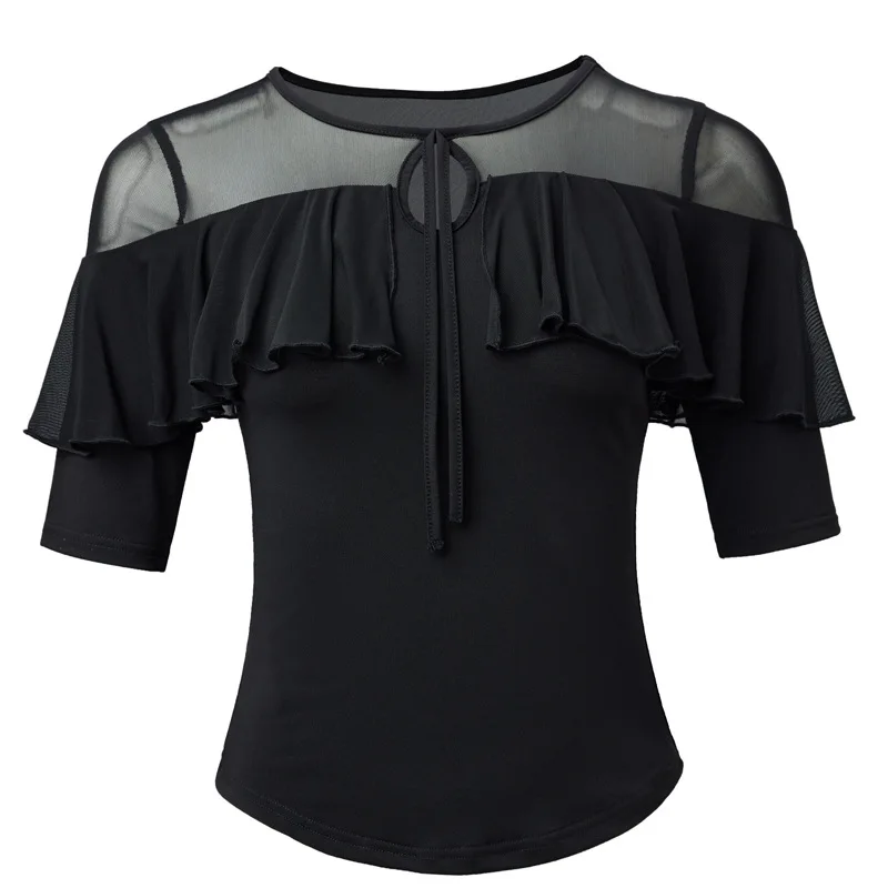 2025年夏 ラテンダンス衣装 レディース トップス 新作 モダンダンス ギタバダンス衣装 メッシュスプライシング ブラック ミドルスリーブ