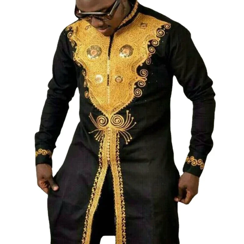 African Dashiki Print Shirt Long Tunic Long Sleeves Men's Traditional Button Split Gold Tops Metallic Kaftan Wedding Suit Black