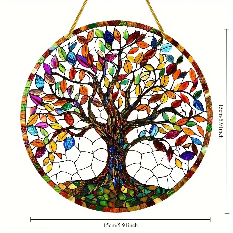 Tree of Life Colourful Acrylic Stained Glass Window Hanging Four Seasons Beautiful Gift Living Room Window Porch Decorations