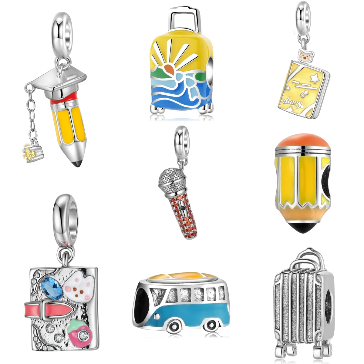 

kataoka Family 925 Sterling Silver Pencil Notebook Diary Bus Trip Back To School Charm Fit Original Bracelet Diy Jewelry Accesso