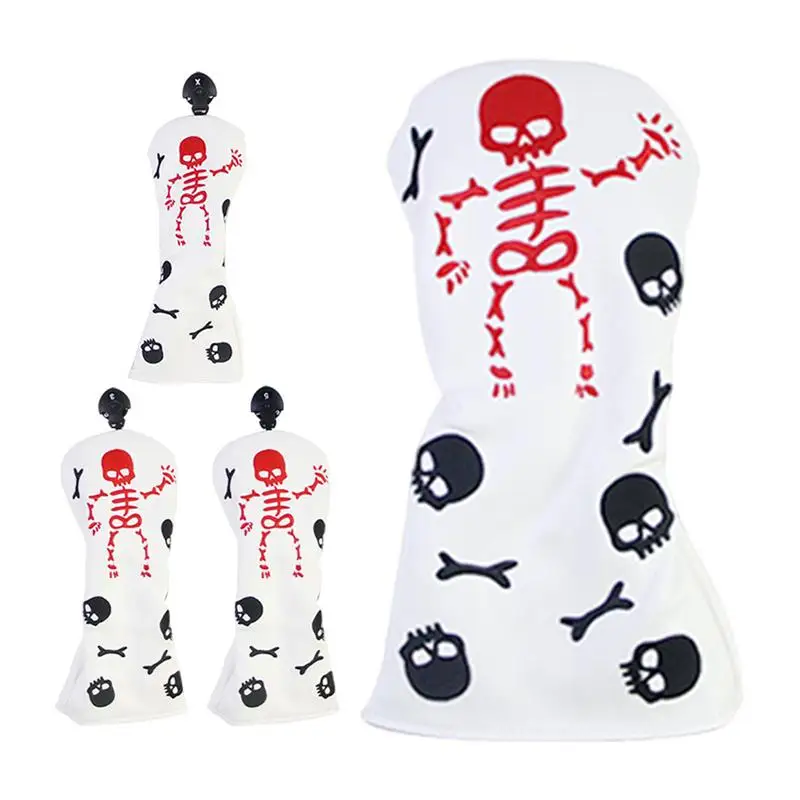 Wood Golf Club Covers 4pcs Skeleton Pattern Golf Club Head Covers Embroidery Golf Headcovers Protector Halloween Themed Driver